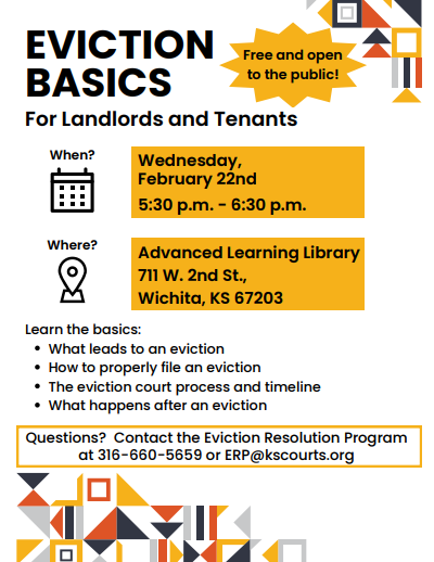 CityofWichita's tweet photo. Are you a landlord or tenant? At 5:30 p.m. on Wednesday, February 22 at the Advanced learning Library, City and Sedgwick County staff will be leading a workshop to educate those in rental agreements about eviction legal basics. https://t.co/v30oVMc94r