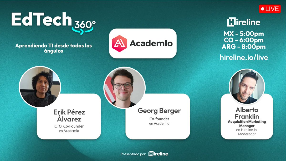 hirelineio's tweet photo. 🟢 ¡Ya estamos en vivo en el EdTech360º! Entra y conoce cómo es aprender programación con @AcademloHQ.
👉 Únete aquí: https://t.co/FtZPTDlyqN
#edtech360 #conectaconelfuturo https://t.co/VMX7UhSSvT