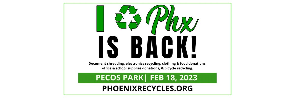 Our next #IRecyclePHX event is this Saturday February 18th, 2023 at Pecos Park in Ahwatukee! Visit phoenixrecycles.org for more info! ♻️🎉
