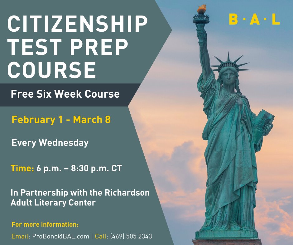 BAL_Immigration's tweet image. BAL is partnering with @RALC_Literacy to help North Texans prepare for the U.S. Citizenship Test. This free course is being held at BAL's headquarters and culminates with an N-400 application workshop. Contact BAL for more info.

#oneBAL #Citizenship #CitizenshipTest
