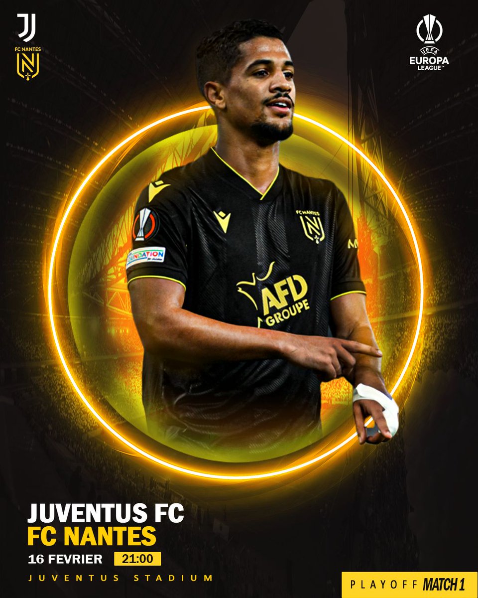 FcnantesFoot's tweet photo. 🏆 | 𝗕𝗔𝗖𝗞 𝗜𝗡 𝗘𝗨𝗥𝗢𝗣𝗘

𝙅𝙊𝙐𝙍 𝘿’𝙀𝙐𝙍𝙊𝙋𝙀 ⚡️

🆚 | Juventus FC
🏆 | Europa League • Play-off Game 1 
🏟 | Juventus Stadium
🕧 | 21h00
📺 | Canal + Foot • W9 
🗞 | #JUVFCN • #BACKINEUROPE 
—
Votre pronostic ? 💛💚

#FCNantes https://t.co/npY9zEda7q