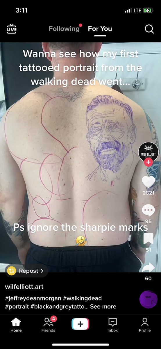 ItsJessBaker's tweet photo. @JDMorgan @HilarieBurton a man on tiktok is posting his journey of getting his walking dead tattoo. Negan is the first person! https://t.co/7hk88oDdm7