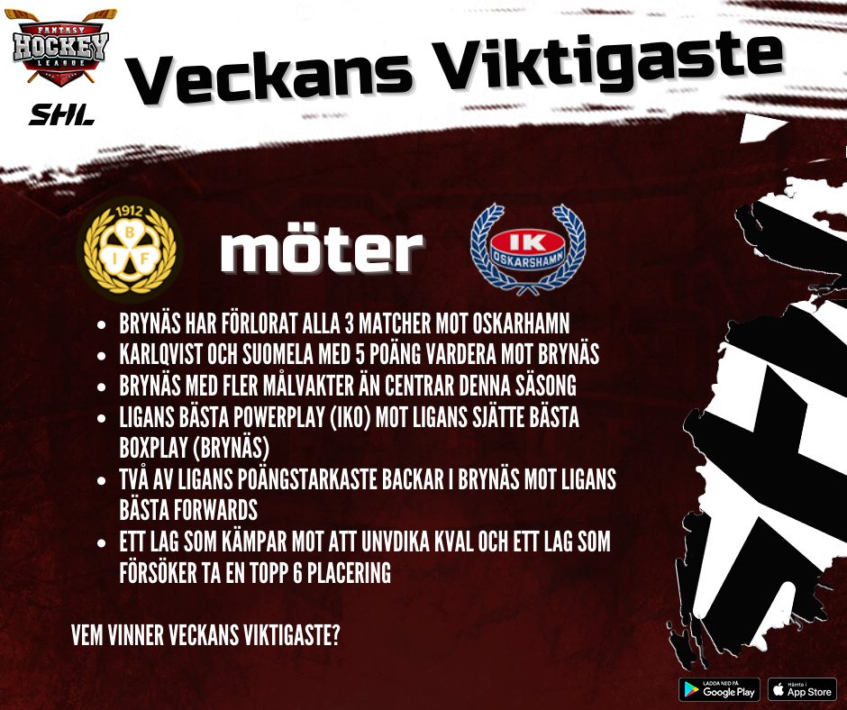 Veckans viktigaste  SHL-match är Brynäs mot Oskarshamn. Ett Brynäs som vill skapa mer avstånd till HV och negativt kval mot ett taggat Oskarshamn som jagar en Topp-6 placering.

Vem går segrande ur veckans viktigaste match?