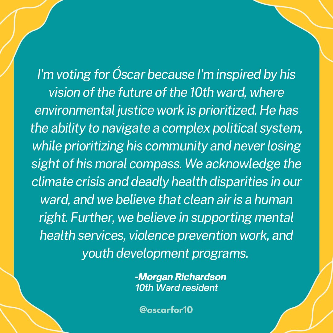 oscarfor10's tweet photo. 13 days until Election Day! Learn more on why Morgan is on Team รscar!
#oscarfor10 #earlyvoting #10thward https://t.co/UFGNZq8goK