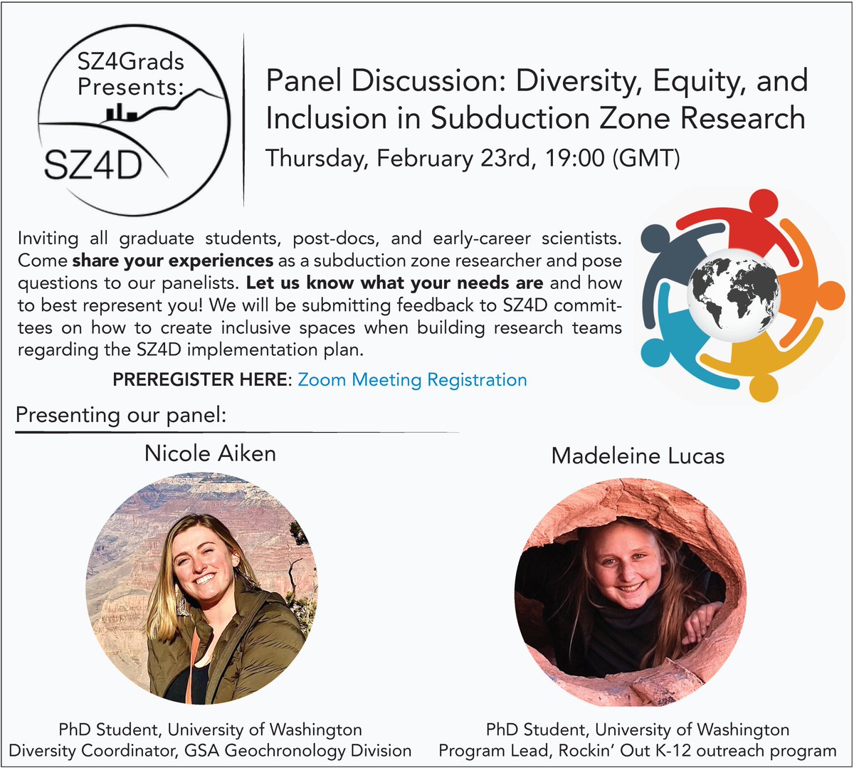 Subduction Zones 4 Grad-Students and Graduates (@sz4grads) on Twitter photo 📣Event announcement!📣 Please join us next week for a panel discussion on Diversity, Equity, and Inclusion in Subduction Zone Research with panelists Nicole Aiken and Madeleine Lucas (<a href="/madeleine_earth/">Madeleine Lucas</a>). See below for details. Register here: tinyurl.com/5h9ef9ht 📣Event announcement!📣 Please join us next week for a panel discussion on Diversity, Equity, and Inclusion in Subduction Zone Research with panelists Nicole Aiken and Madeleine Lucas (<a href="/madeleine_earth/">Madeleine Lucas</a>). See below for details. Register here: tinyurl.com/5h9ef9ht