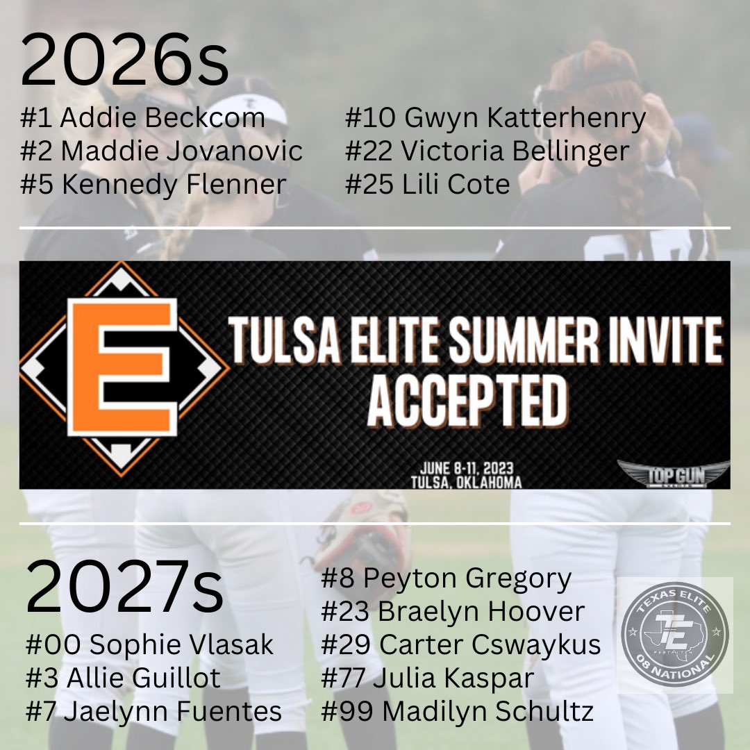 🚨EXCITING NEWS🚨 <a href="/TulsaElite/">Tulsa Elite Sports</a> &amp; <a href="/TopGunEvents/">Top Gun Events</a> we will see you this summer! This spring we will train hard for one of our ultimate tournaments. <a href="/IHartFastpitch/">I❤️Fastpitch</a> <a href="/SoftballDown/">Down South Softball</a> <a href="/SBRRetweets/">Softball Recruiting Reposts</a> <a href="/SoftballPros/">CollegeSoftballProspects</a> <a href="/TopPreps/">Top Preps #1 Scouting and Promotional Services</a> <a href="/PlaySoftballNet/">Play Softball</a> <a href="/LegacyLegendsS1/">Legacy & Legends Softball</a> @NationalPID <a href="/QrRecruiter/">QR RECRUITER</a>