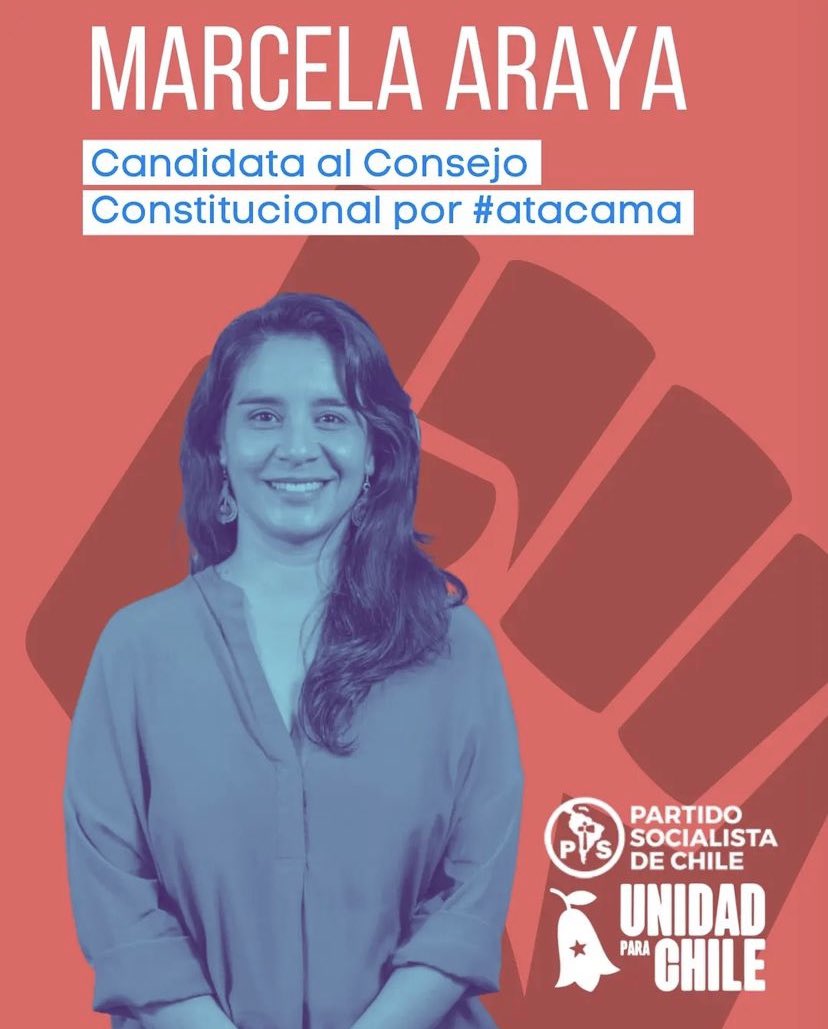 Por aquí una gran candidata al consejo constitucional, por #Atacama! 💪🏼

🔴 Marcela Araya Sepúlveda (#UnidadParaChile @PSChile).

📍Distrito 4: Huasco, Freirina, Vallenar, Alto del Carmen, Copiapo, Tierra Amarilla, Caldera, Diego de Almagro y Chañaral.

🗳️ 7Mayo / VotoObligatorio