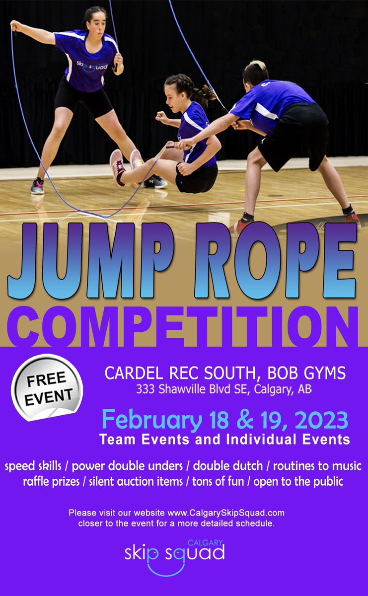 SkipSquadClub's tweet photo. Provincial Jump Rope Competition this weekend Feb 18 &amp; 19. Come check our some amazing athletes  @GlobalCalgary @CTVCalgary @CTVSportsYYC @cbcsports @CBCCalgary @yycwhatson @SportCalgary @citynewscalgary @CalgarysChild @SUNSports @VirginRadioYYC @calgarysun @LucyTriesSports https://t.co/3szoDLmplX