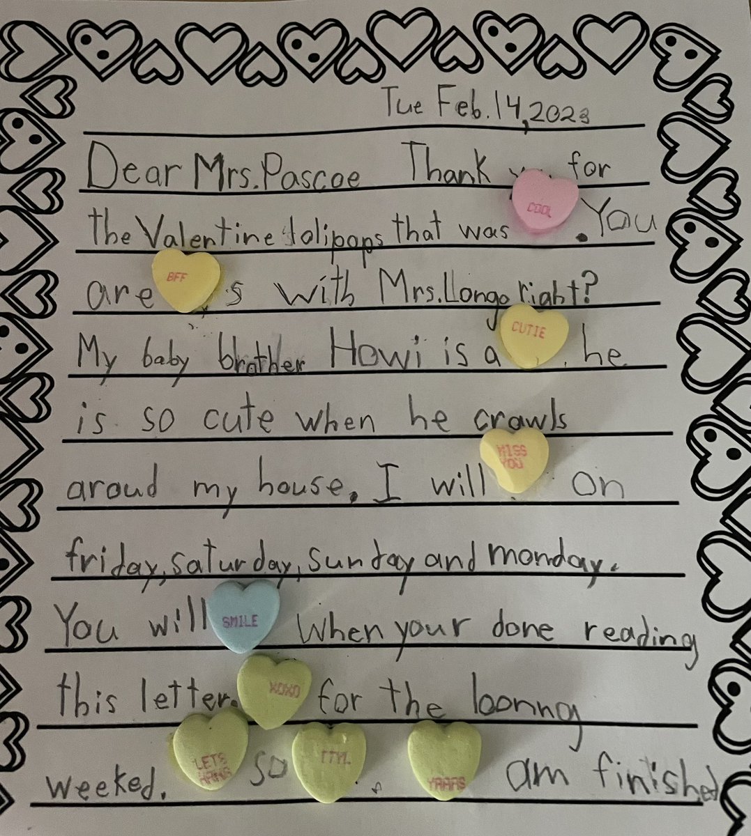 Valentine letter writing is more fun using conversation heart candies. Using whatever motivates little writers!