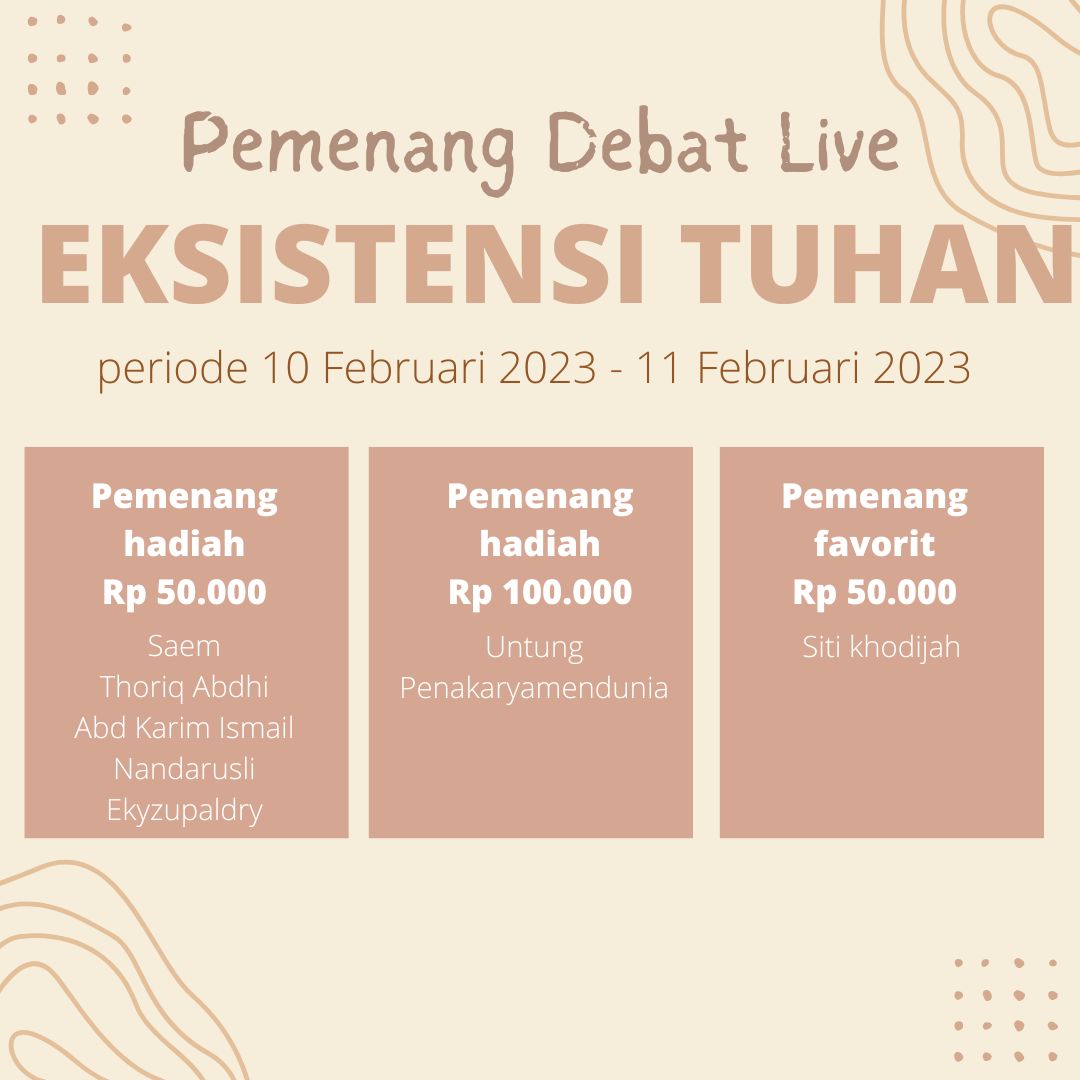 NineVibeID's tweet photo. Ini dia pemenang debat Live periode Febaruari 2023 dengan tema eksistensi Tuhan. 
Para pemenang bisa langsung menghubungi admin melalui wa di nomor 081390004596 dengan menyertakan bukti berupa hasil screenshot profile di Nine Vibe.
Terima kasih atas partisipasinya 😍 https://t.co/CVGNxW0Ncx
