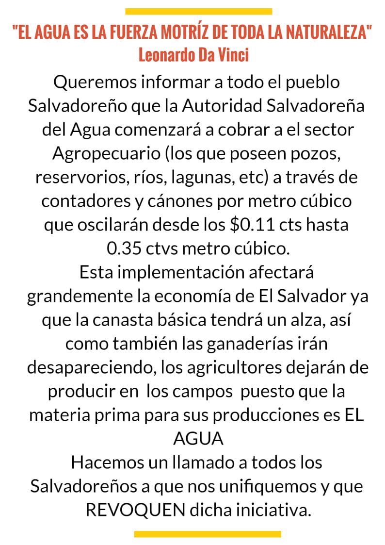 🚨ATENCION GANADEROS Y AGRICULTORES🚨⚠️
Se nos acerca un nuevo impuesto para toda actividad que requiera el uso del agua, ya sea pozo, reservorios, lagunas o rio,este nuevo impuesto de parte de ASA <a href="/nayibbukele/">Nayib Bukele</a> este sería el último tiro de gracia para la ganadería y Agricultura