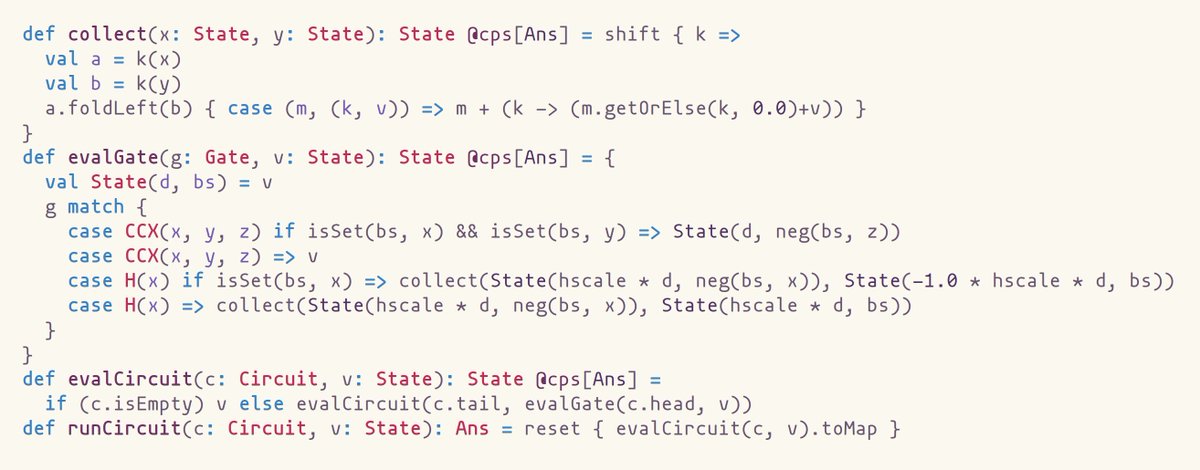 Build a quantum circuit simulator using delimited continuations in Scala (github.com/Kraks/playgrou…), following Choudhury, Agapiev and Sabry's Scheme Pearl paper on Quantum Continuations (andykeep.com/SchemeWorkshop…)