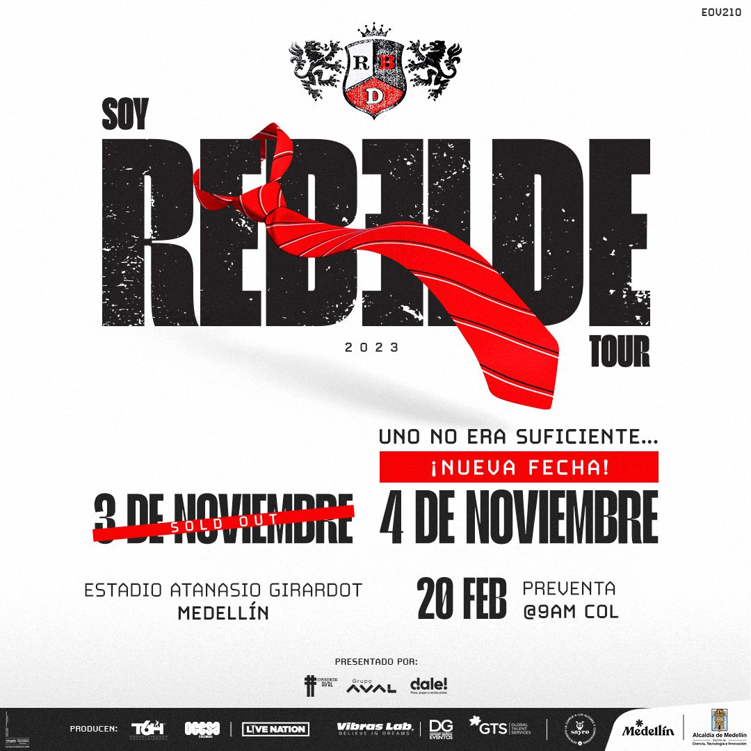 RBD_oficial's tweet photo. Hey Colombia, porque una noche no es suficiente...  Nueva fecha del @soyrebeldetour 😉🤩 Preventa 20 de febrero.  #SoyRebeldeTour 
https://t.co/IXb8jf5bri https://t.co/0khoJBCaQm