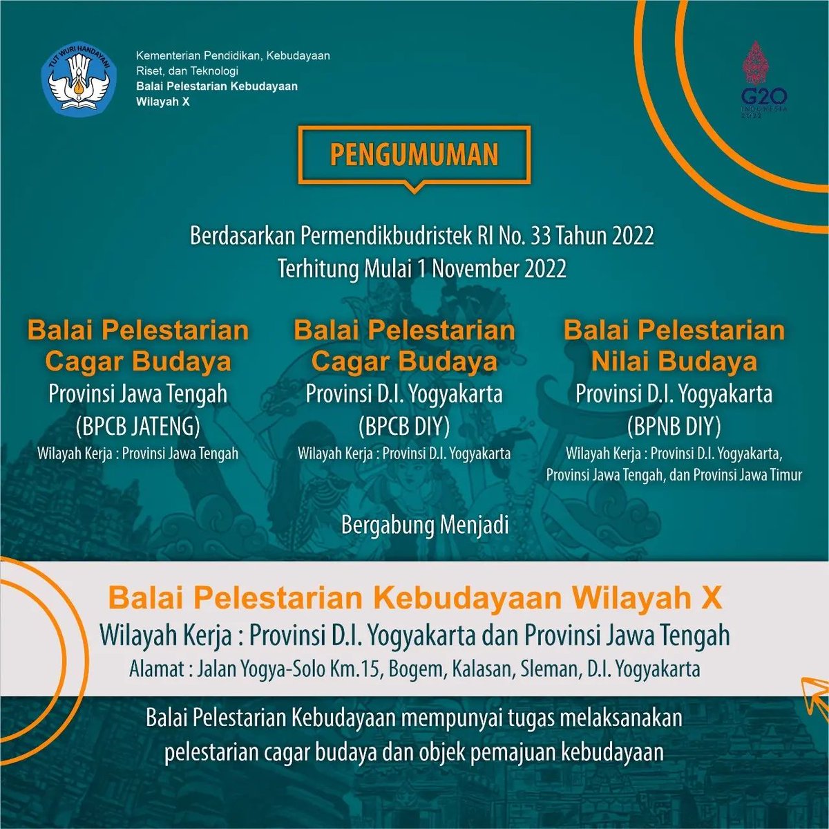 bpnbdiy's tweet photo. #KancaBudaya, menginformasikan kembali berdasarkan Permendikbudristek No.33 tahun 2022, mulai 1 November 2022 ada penggabungan tiga institusi yaitu:
1) BPCB Provinsi DIY,
2) BPCB Provinsi Jawa Tengah, dan
3) BPNB Provinsi DIY
menjadi BALAI PELESTARIAN KEBUDAYAAN (BPK) WILAYAH X. https://t.co/NR14a3olKj