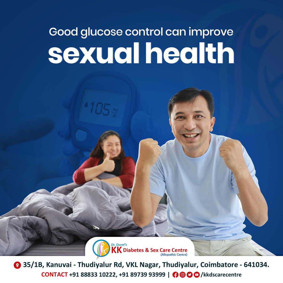 kkdscarecentre's tweet photo. Improving and maintaining your blood sugar levels will help in preventing the damage to nerve and blood vessels, which in turn lead to erectile dysfunction.

#coimbatore #sextips #medicine #medical #doctor #bloodsugar #glucose #blood #sexualhealth #health #erectiledysfunction https://t.co/FQjBBsUtQa