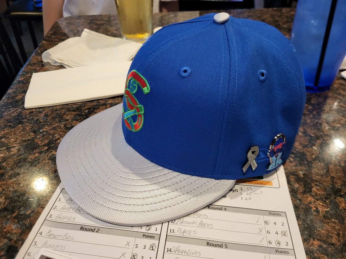 DyeMasterDiscs's tweet photo. Trivia Champs once again! This is @HatClub Noho's Juice Box pack (version 2) with the 32 Sox logo and 33 ASG patch, #PINdejos pin, Hat club Cyberpunks pin, and my #graysforBrett ribbon pin too! And the uv matches my new favorite tee by @HOMAGE! #AmericasPubQuiz https://t.co/BVvuTDgnVE