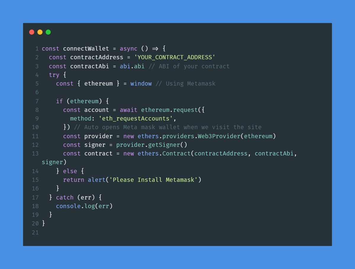 SridharMaskeri's tweet image. Connecting to your #Metamask wallet using #ethersjs is easy! Follow these simple steps 🚀
1. Install ethers.js using npm install ethers@5.7.2
2. Use the code snippet to connect to your wallet
With these steps, you can start interacting with the #Ethereum network hassle-free. ✅