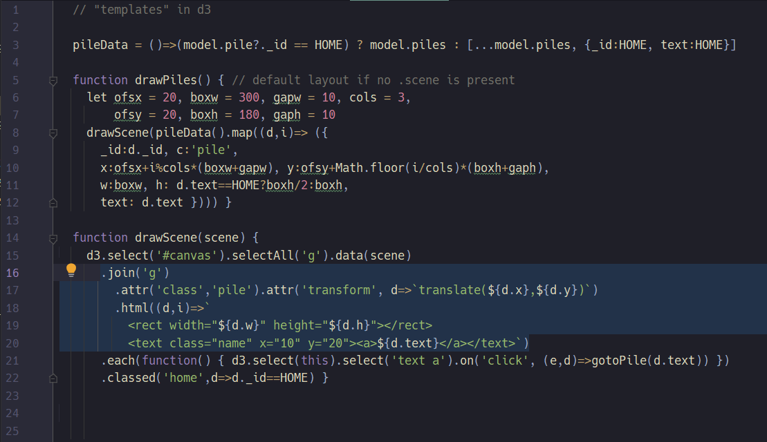 tangentstorm's tweet image. Here&apos;s how my &quot;template-style&quot; #d3js code looks now: