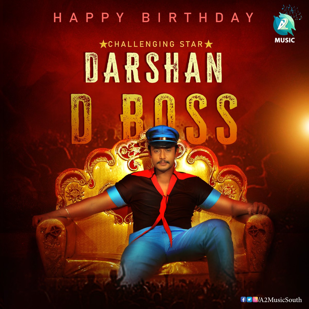 Happy Birthday to the one and only challenging star 
@dasadarshan
 D Boss! Wishing you a year filled with joy, success, and all the things that make you happy. Keep entertaining us with your amazing movies and performances. 

#A2music #HappyBirthdayDarshan #Dboss #ChallengingStar