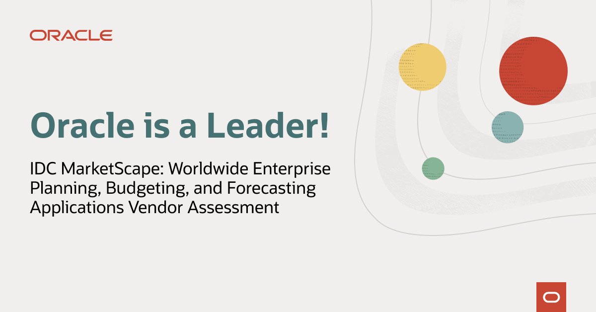 Swathiaddanki1's tweet photo. @Oracle has been named a Leader in the IDC #MarketScape: WW #Cloud Enterprise Planning, Budgeting, and Forecasting Applications 2022 Vendor Assessment. https://t.co/npU7EpeJ8v https://t.co/eKIMJi9S9u