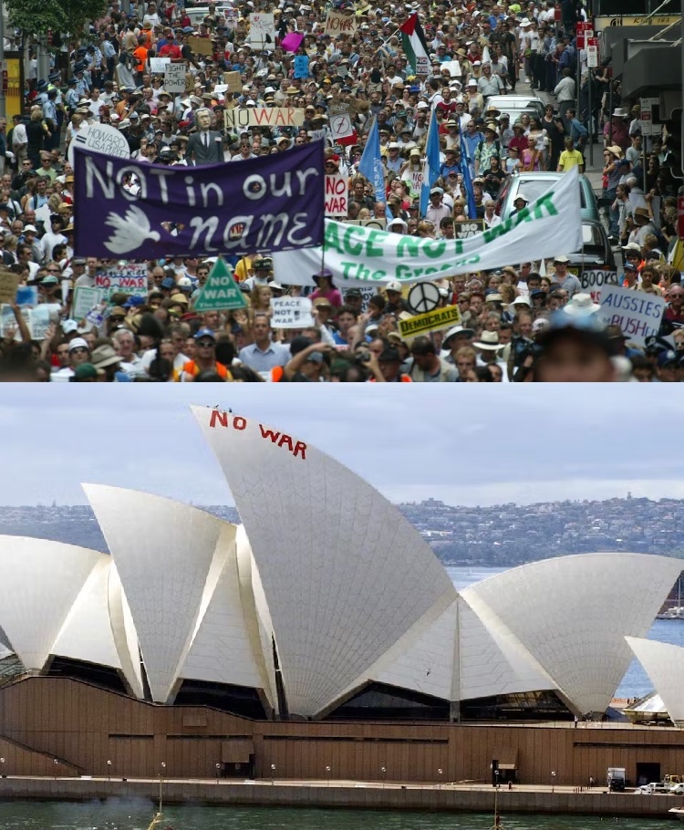 PeoplesHistory4's tweet photo. On this day 16 February 2003, the largest protest in Australian history took place when between 250,000-300,000 people demonstrated in Sydney against the impending US-led invasion of Iraq. Between 14-16 February, almost one million people took to the streets across Australia. https://t.co/GGtGE9pHgY