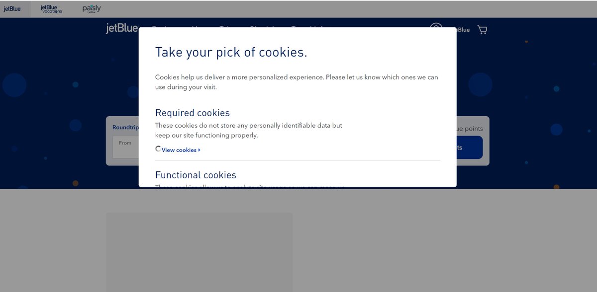 .<a href="/JetBlue/">JetBlue</a> if you're not getting a lot of bookings on the website, the cookie management thing may be the problem.  This just spins and spins - 2 different browsers on 2 different machines.
