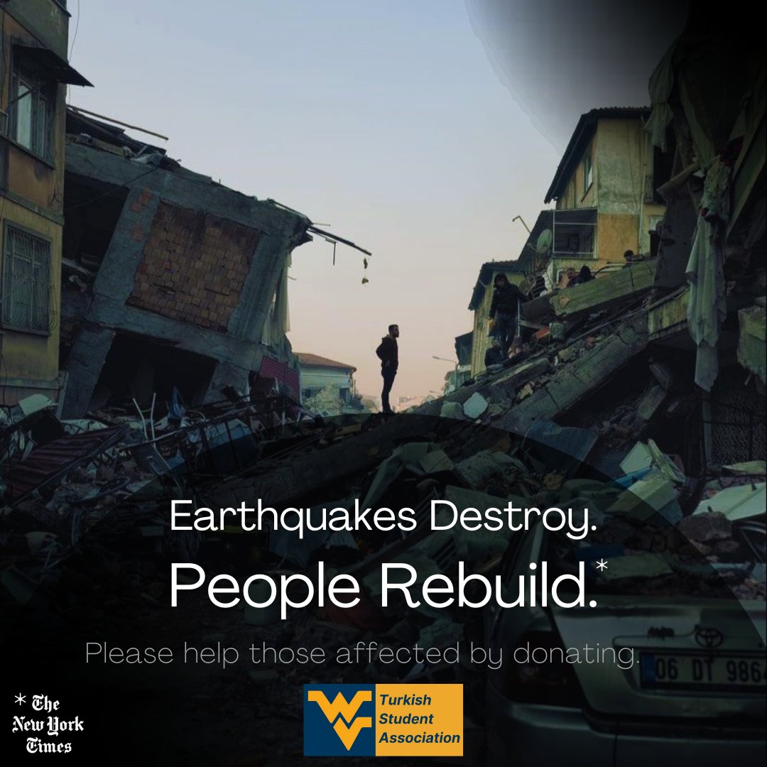 TSA_WVU's tweet photo. Earthquakes Destroy. People Rebuild.❤️‍🩹

Let's come together and show our support for those in need during this difficult time.

Link for donations channels: https://t.co/z8ZJ3oVTzB

#WVU #WestVirginiaUniversity #Turkey #EarthquakeTurkey #Donation #MakeADifference https://t.co/9Cxznx6wcZ