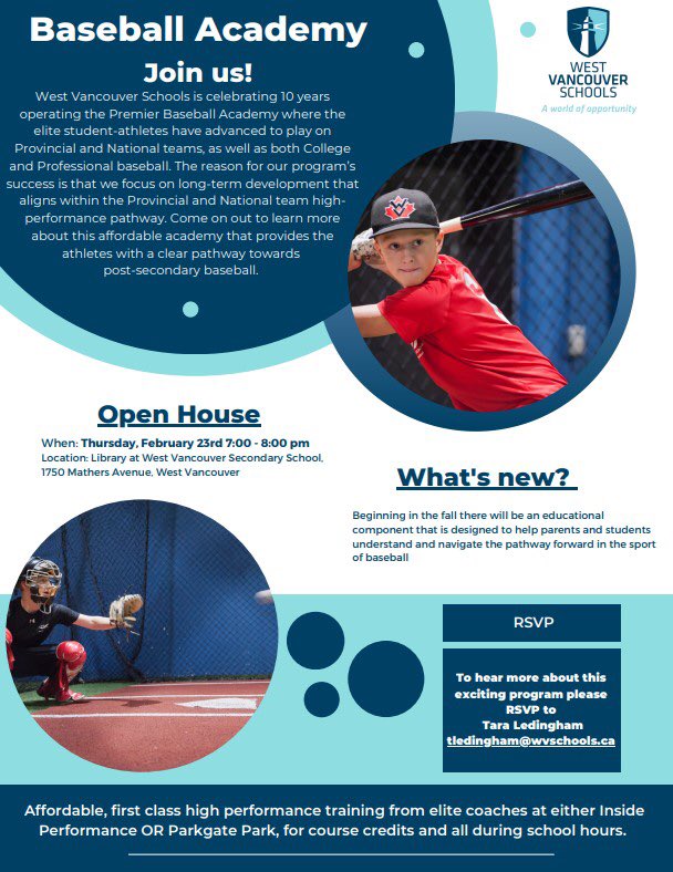 Inside Performance (@ipnorthvan) on Twitter photo West Vancouver Baseball Academy is holding its annual Open House at 7pm on Feb 23rd at West Vancouver Secondary.
The Academy offers high level training from elite coaches for student athletes that are passionate about the sport. <a href="/northshoreball/">North Shore Baseball</a> <a href="/LynnValleyLL/">Lynn Valley Little League</a> <a href="/MSLL_Baseball/">MSLL Baseball</a> West Vancouver Baseball Academy is holding its annual Open House at 7pm on Feb 23rd at West Vancouver Secondary.
The Academy offers high level training from elite coaches for student athletes that are passionate about the sport. <a href="/northshoreball/">North Shore Baseball</a> <a href="/LynnValleyLL/">Lynn Valley Little League</a> <a href="/MSLL_Baseball/">MSLL Baseball</a>