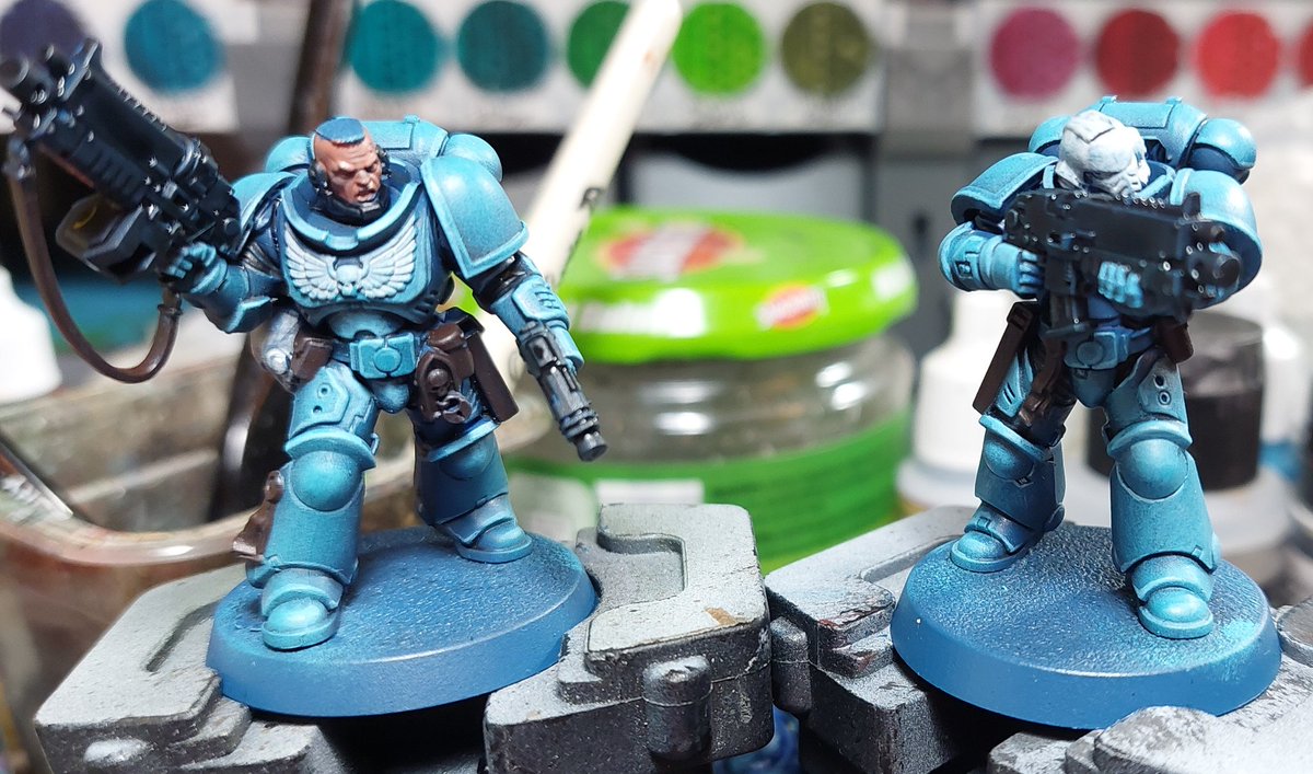 Got some highlights and blocked in some colours on the first 2 Intercessors. #PaintingWarhammer #WarhammerCommunity #emperorsspears #miniaturepainting #warhammer40000 #hobbystreak day 37