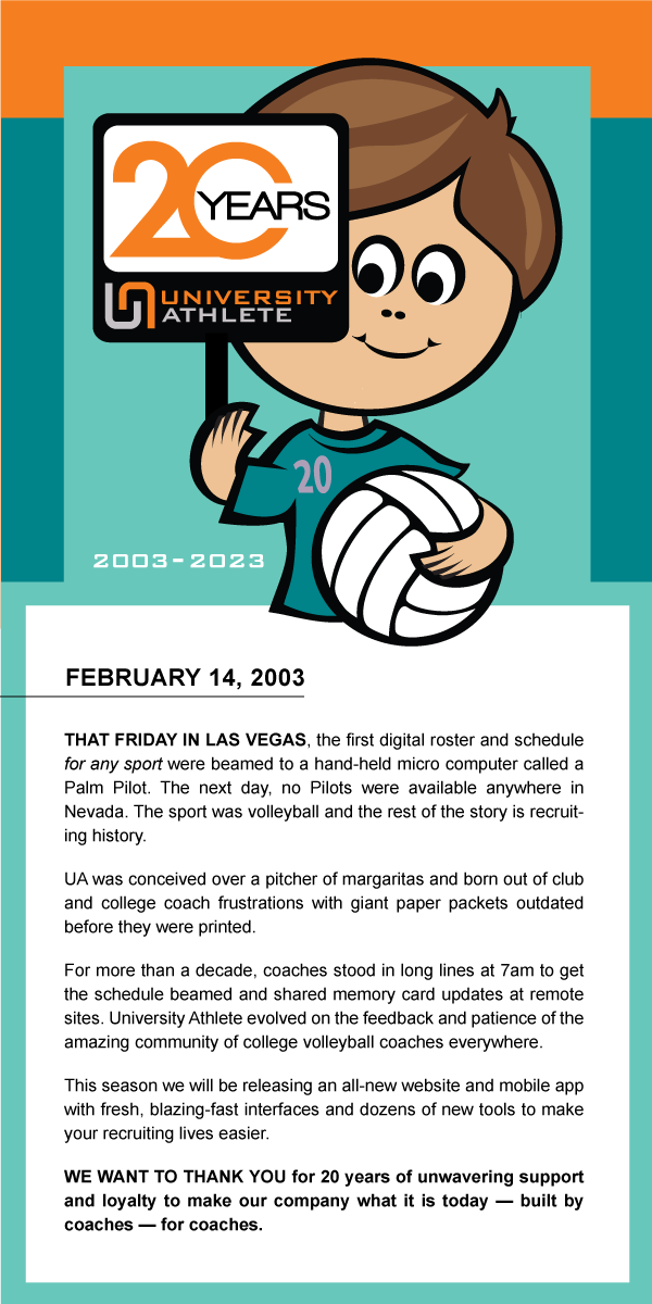 Happy 20th to University Athlete!!  And thanks to all of you who have helped us become what we are today!