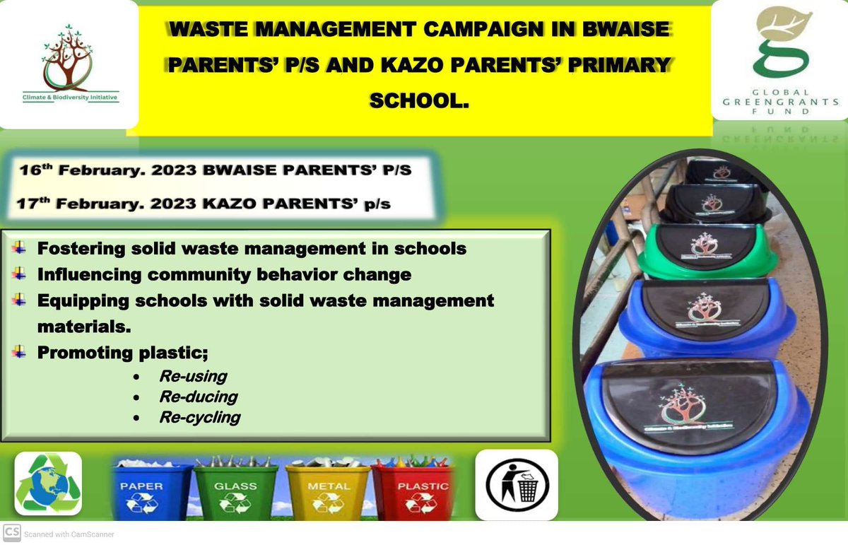'WASTE MANAGEMENT CAMPAIGN 
        Fostering solid waste management in schools 
 Influencing community behavior change
 Equipping schools with solid waste management materials.  
  Promoting plastic; Re-using, Re-ducing & Re-cycling 

#wastemanagement 
#cleanplanet