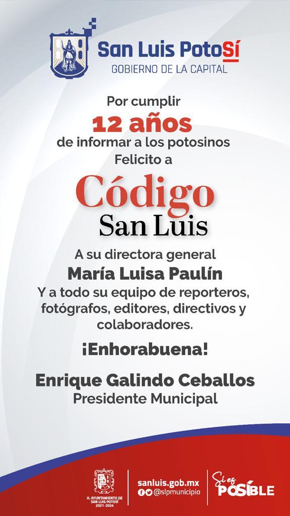 📰 El #GobiernoDeLaCapital felicita a @codigosanluisi  y a su directora general @Chaparrapaulin por cumplir 12 años informando a las y los potosinos.