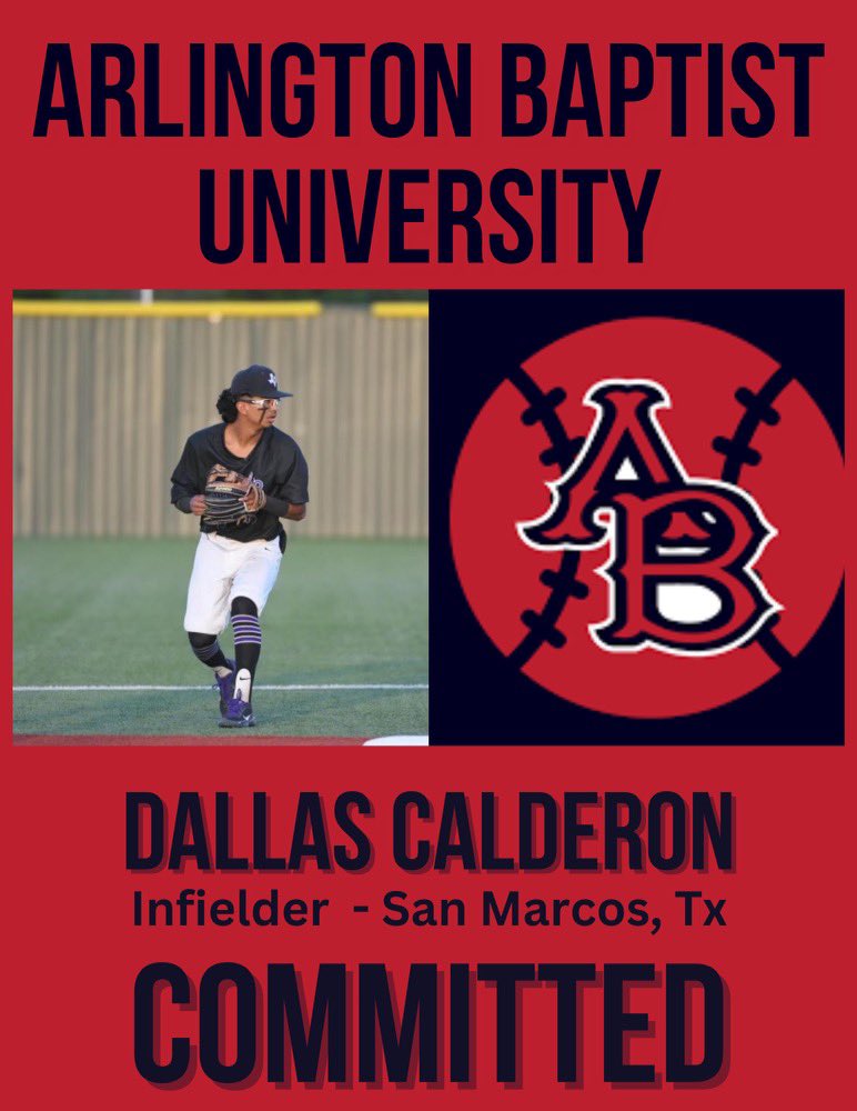 Dallas Calderon (@dallascalderon7) on Twitter photo I would like to announce my commitment to Arlington Baptist University. I couldn’t have done it without the unconditional love and support from my family and coaches. <a href="/BryanWebb4/">Coach Bryan Webb</a> <a href="/CoachJ_Gonzalez/">Jeremy Gonzalez</a> <a href="/coachcogdill/">Coach Cogdill</a> @CoachDavisSMHS <a href="/DoctorSambrano/">Coach Sambrano</a> <a href="/LoneStarBrewers/">Lone Star Brewers Baseball and Softball Club</a> -Luna Gold I would like to announce my commitment to Arlington Baptist University. I couldn’t have done it without the unconditional love and support from my family and coaches. <a href="/BryanWebb4/">Coach Bryan Webb</a> <a href="/CoachJ_Gonzalez/">Jeremy Gonzalez</a> <a href="/coachcogdill/">Coach Cogdill</a> @CoachDavisSMHS <a href="/DoctorSambrano/">Coach Sambrano</a> <a href="/LoneStarBrewers/">Lone Star Brewers Baseball and Softball Club</a> -Luna Gold