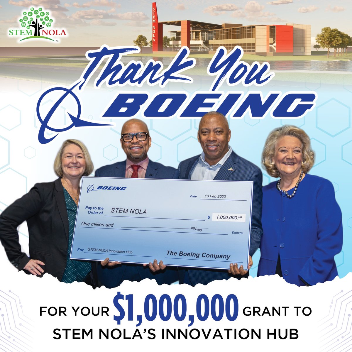 Exciting news! Boeing just invested $1 million in our new STEM Innovation Hub, bringing state-of-the-art STEM education to under-resourced communities. With this support, we're creating a destination for innovation and workforce development. Thank you, Boeing! #STEMeducation