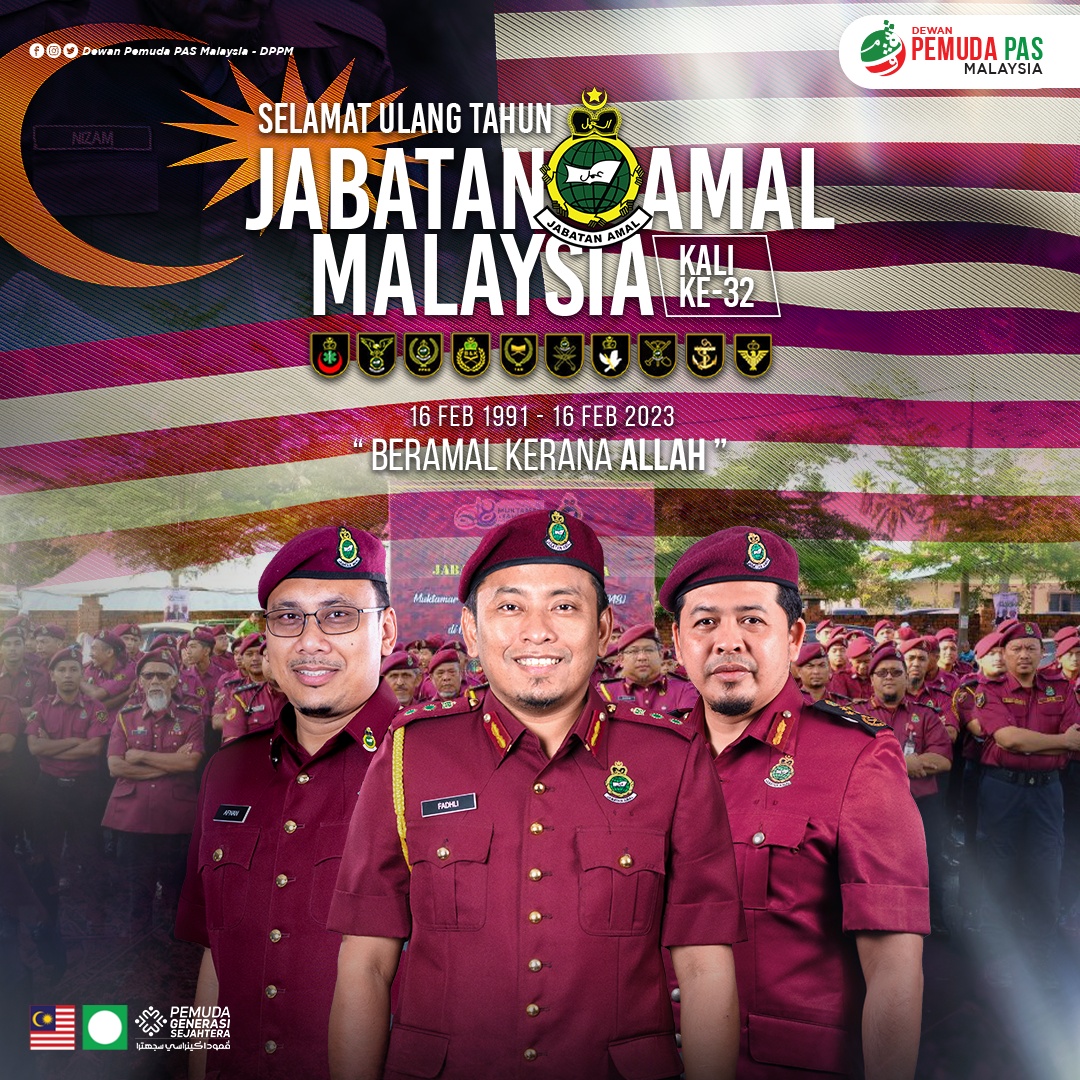 DPPMalaysia's tweet photo. Selamat ulang tahun Jabatan Amal Malaysia kali ke-32. Kita menjunjung tinggi impak Jabatan Amal Malaysia yang tanpa henti menghulurkan bantuan buat mereka yang memerlukan.

Semoga Jabatan Amal Malaysia semakin kukuh dan terus bersinar selamanya.

#JabatanAmalMalaysia
#PemudaPAS https://t.co/TIzYzoiC3J