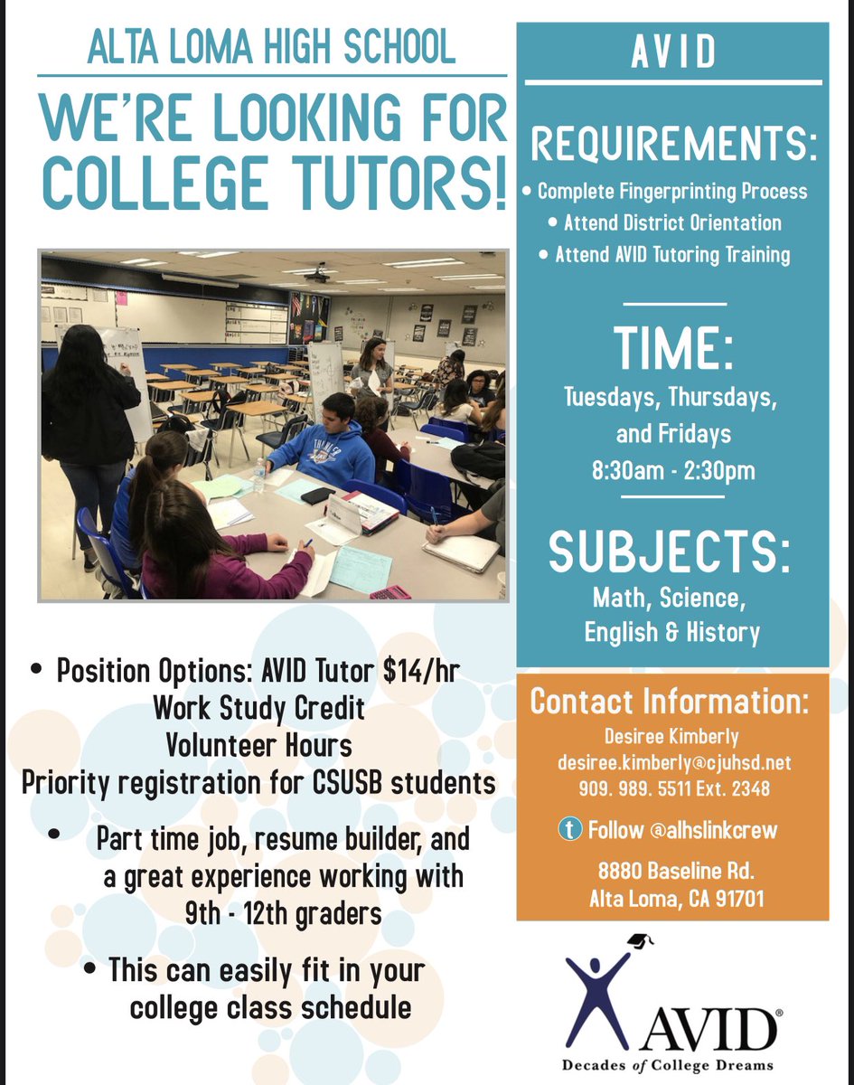 It’s that time of year again, we are in need of college-age AVID Tutors for next year! <a href="/AltaLomaHigh/">Principal</a> <a href="/braveskiles/">Elizabeth Skiles</a> <a href="/AdamStites1/">Adam Stites, Ed.D.</a> @MsAndersonALHS <a href="/Mrs_Rob_/">CoHS AP of Student Services</a>