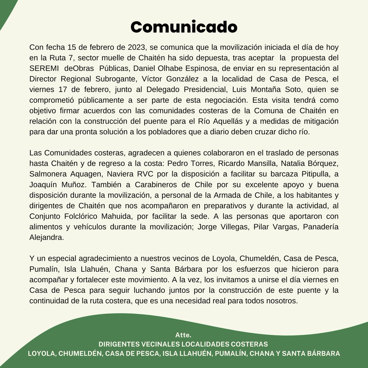 chaitentv's tweet photo. COMUNICADO MOVILIZACIÓN DE COMUNIDADES COSTERAS DE LA 
COMUNA DE CHAITÉN 
compartimos con ustedes los resultados de la movilizacions y acciones a seguir tanto por la autoridad como por la comunidad. https://t.co/ZVZSTu2TvZ