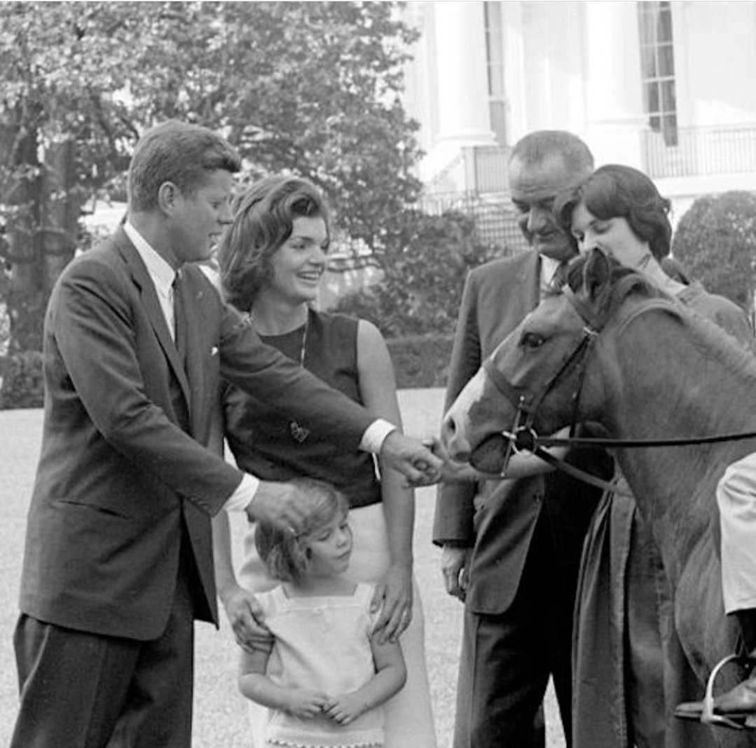 PetsHistorical's tweet photo. President John F. Kennedy, First Lady Jackie Kennedy, and their daughter, Caroline, visit with Vice President Lyndon B. Johnson and his daughter Lynda Bird Johnson at the White House, May 17, 1962. Also pictured is Tex, a pony given to Caroline as a gift from Johnson. https://t.co/5EY8Gn1qVV