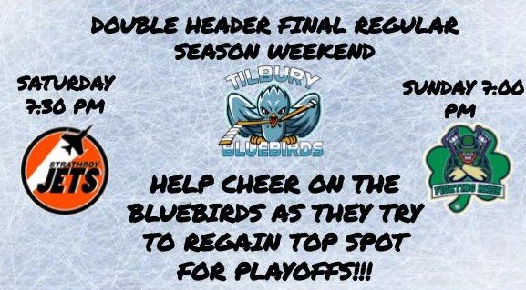 Tilbury Bluebirds nation... It all comes down to the last 2 regular season games to see who we play in the 1st Round.
Come on out and cheer the Birds on to a couple very important victories.
#tilburybluebirds #woshl #bluebirdsfans #SuperLeague #Tilbury
#playoffs #fearthebirds