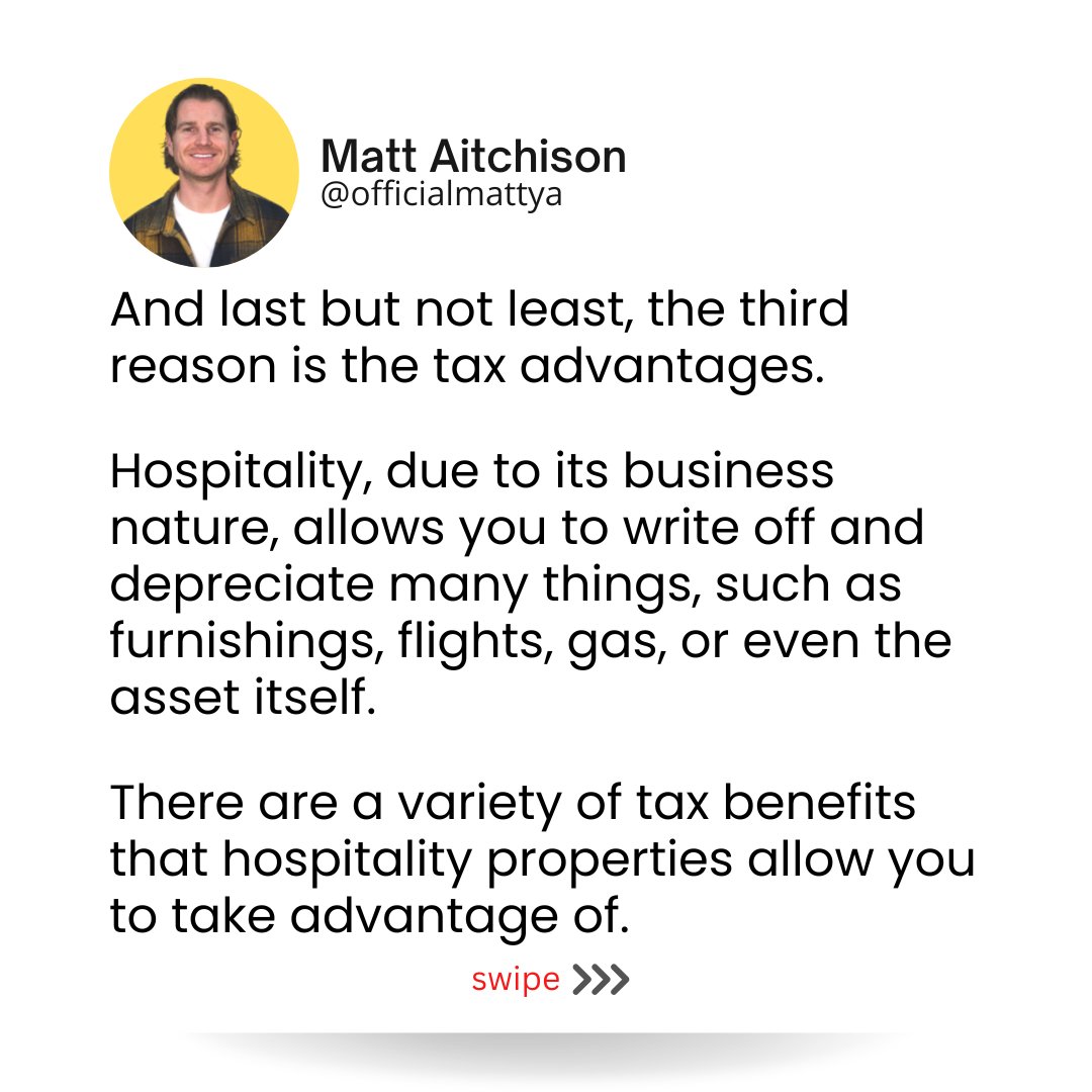 officialmattya's tweet photo. As an investor, I find myself drawn to hospitality assets for these three compelling reasons. #hospitalityinvesting #realestateinvesting #passiveincome #diversifyyourportfolio #wealthcreation #propertyinvestment #smartmoney #realestateassets #growthpotential #financialfreedom https://t.co/8l15JVqyzP