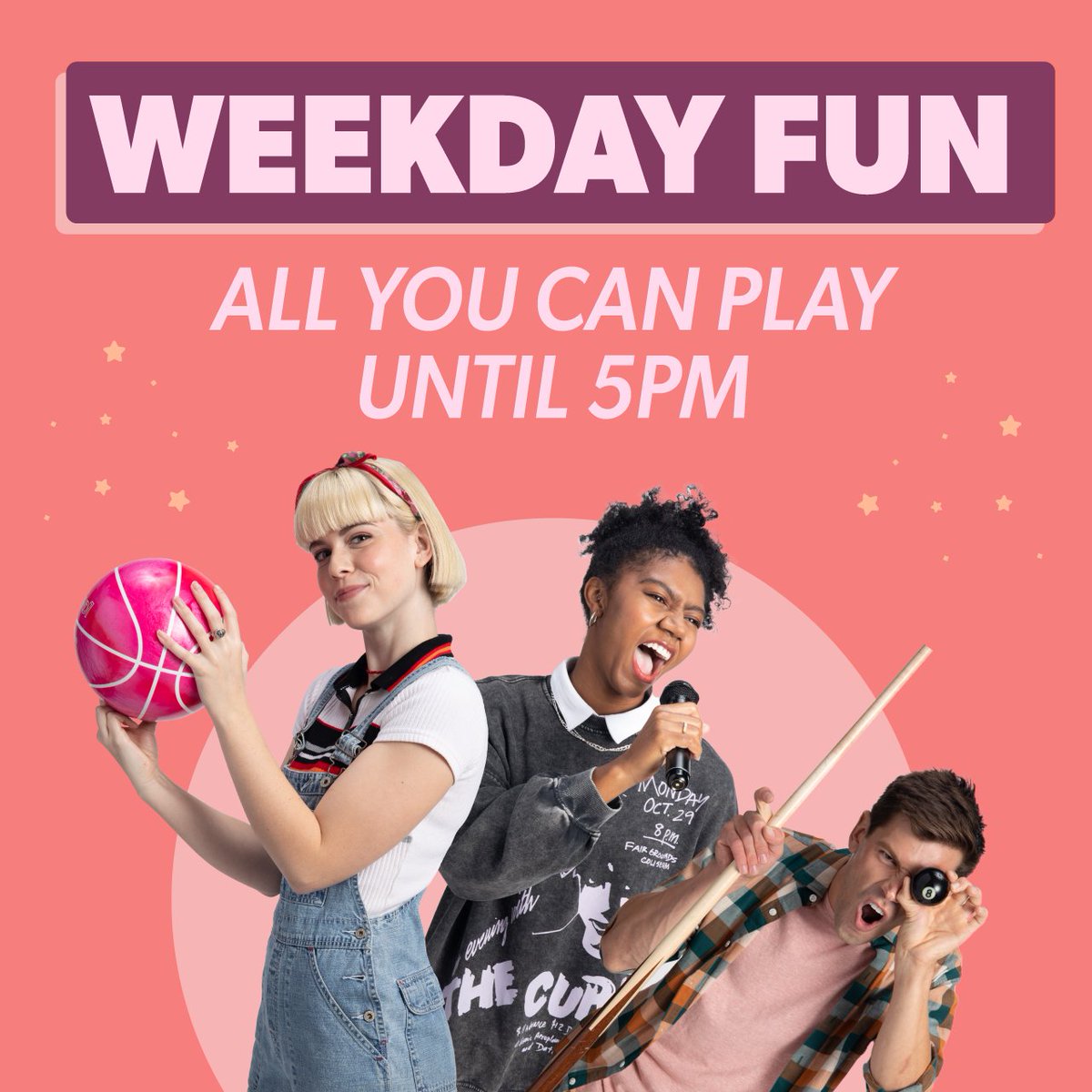 Round1USA's tweet photo. Weekday Fun is back 🎉 For only $14.99 enjoy your favorite activities to your soul's content.

✨Promotion is valid from Monday to Friday until 5pm each day, excluding weekends and holidays.

#Round1USA #PlayPartyRepeat #Round1Bowling https://t.co/HR2z11eDrh https://t.co/SsjO8GyL7A