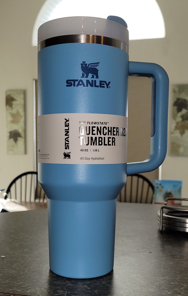 America_centric's tweet photo. Score! Finally got one! A Stanley 40oz Quencher tumbler. Paid a bit more on EBay but worth it! I said I would tweet a pic when it came in. Stanley calls this color Pool, but I call it Tarthian Blue. 

#StanleyCup #brienneoftarth #tarth #housetarth #tarthianblue #stanleypool https://t.co/bOvC83VWa7