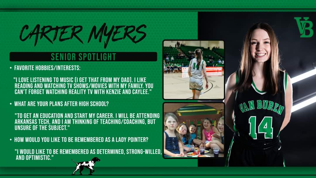 Our first Senior to be recognized is Carter Myers! Coach Kinney says: "Carter has been the heart and soul of our team. She has been a leader by example, and has worked her butt off to get to where she is. Carter is a high character person on and off the floor."