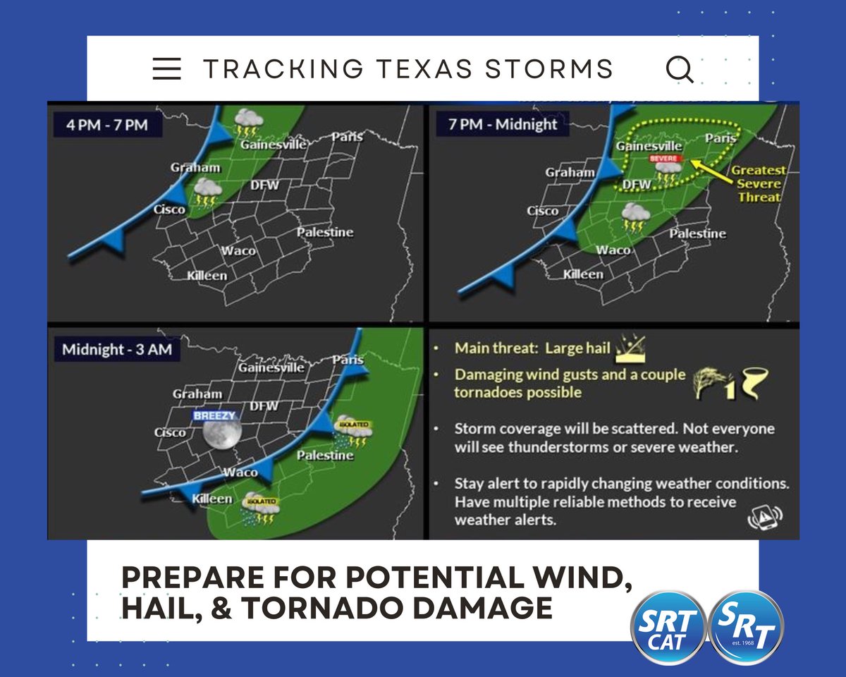 SRTkleanup's tweet photo. Attention North Texas! Severe storms are moving in with hail, damaging winds, &amp; possible tornadoes. If your property is damaged, call Specialty Restoration of Texas for fast &amp; reliable restoration services. #StormDamageRestoration #NorthTexasStorm #EmergencyServices. Stay safe! https://t.co/yD2GuXR0p8