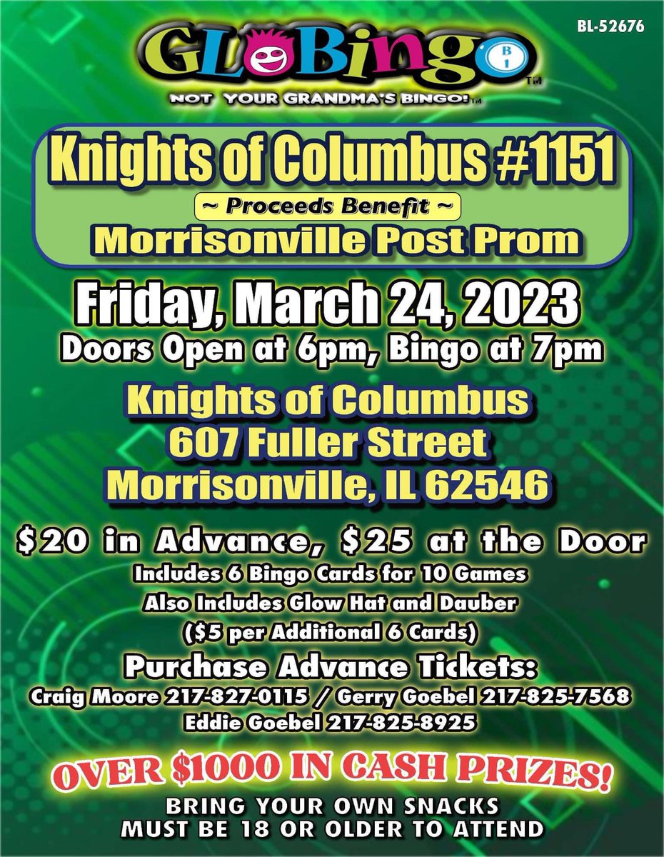 KofC1151's tweet photo. GloBingo tickets are now available!

You can also pay Millard Craig through Venmo @CRAIG-MOORE-184. If you pay via Venmo, text Craig at 217-827-0115 and let him know so he can have your tickets ready for you at the KofC Hall when you arrive. 

*Must be 18 years or older to attend https://t.co/6mBM154K1r