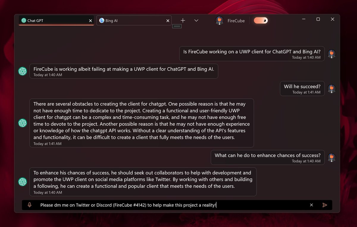 FireCubeStudios's tweet image. Fluent Design ChatGPT &amp;amp; Bing AI client for Windows 11
#Windows11 #FluentDesign #ChatGPT #BingChat
