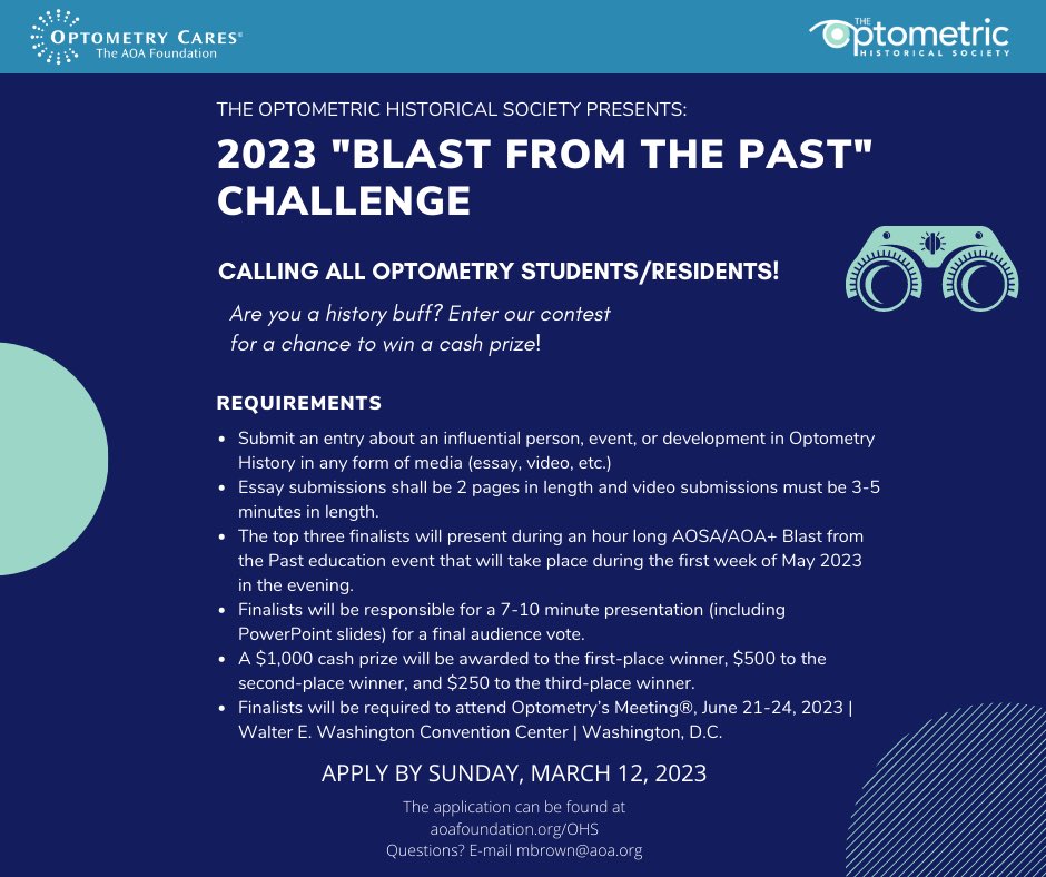 MahsaKM's tweet photo. Exciting opportunity to engage in the history of #optometry and use your creativity to earn $$$ to travel to #OM2023 

⁦@TheAOSA⁩ ⁦@OptStudents⁩ ⁦@Optometrysmtg⁩ ⁦@AOAConnect⁩ ⁦@ASCO⁩ ⁦@OptometryCares⁩ #students #residents https://t.co/scTaxucwTS