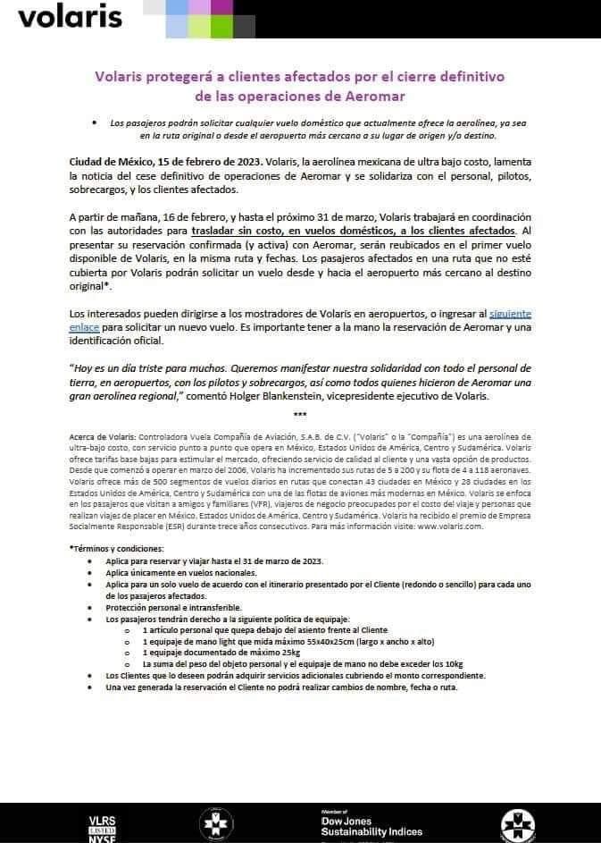 Agradecemos la solidaridad de nuestros compañeros de Aeroméxico, Viva Aerobus y Volaris por brindar apoyo a viajeros que tienen reserva vigente con nosotros.  Es muestra de la colaboración que distingue al gremio por mantener contectados a los usuarios de servicios aéreos.