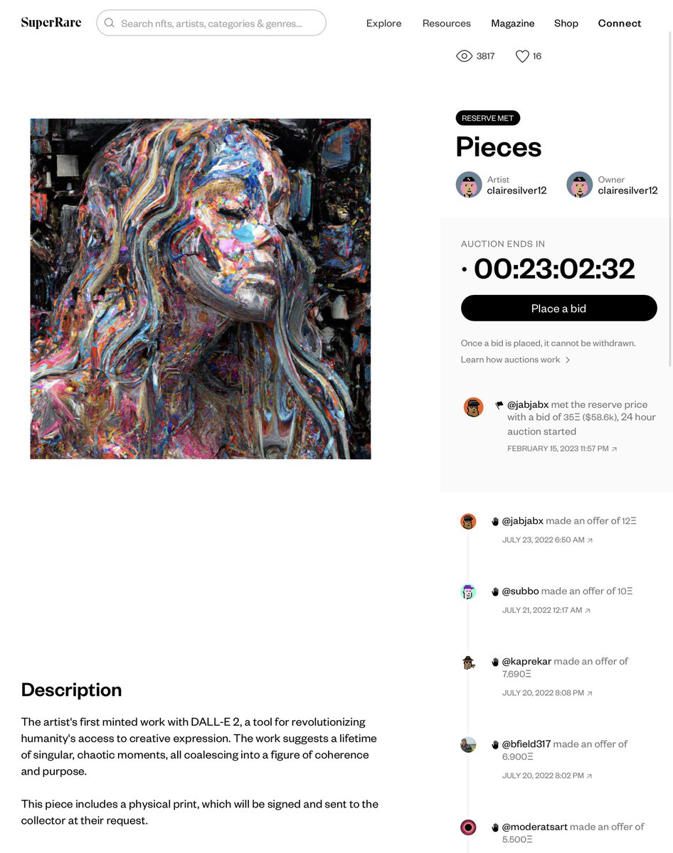 ClaireSilver12's tweet image. Pieces, the 1st legal Dalle2 work on @SuperRare, has met reserve. Strictly prompt-based, it saw a firestorm of outrage on mint. I wanted to say “pure” AI is no less worthy, &amp;amp; knew w/ time, someone would agree. Deepest love to @jabdoteth for being that someone.

23 hours remain.