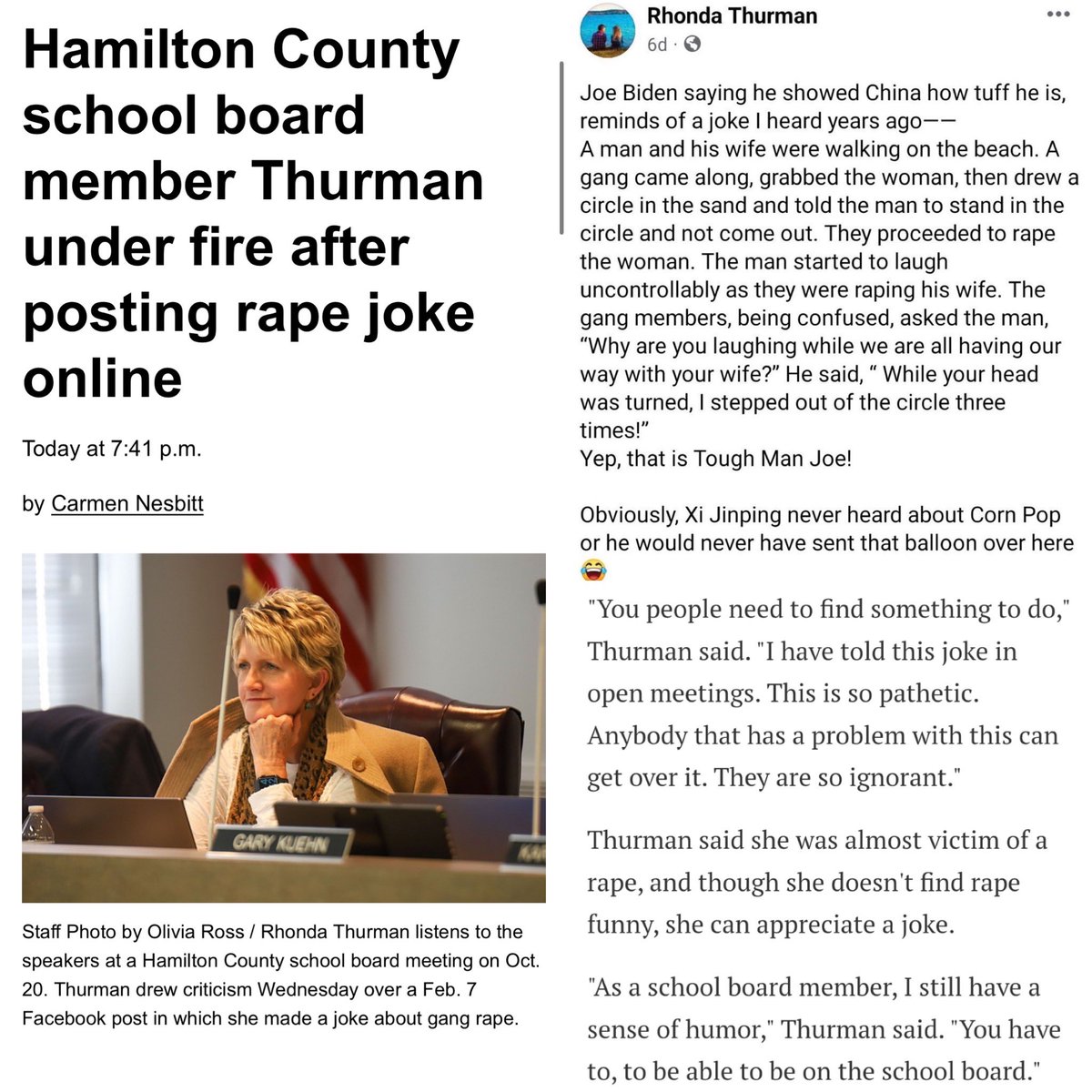 TheTNHoller's tweet photo. UPDATE: Extremist @hamcoschools (Chattanooga) board member Rhonda Thurman expresses zero remorse for the Biden rape *joke* she posted online — calls parents upset by it “ignorant” 🤔

Story: https://t.co/Q749TWpNS2 https://t.co/nTscmVnBta